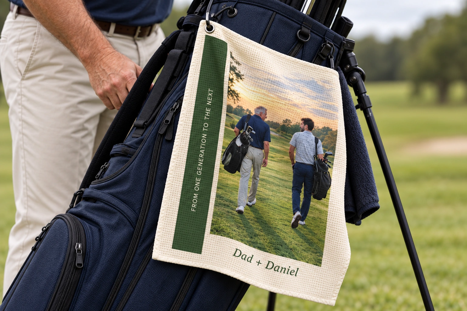 Lifestyle mockup of a personalized BirdieMoments photo towel clipped to a golfer’s navy bag