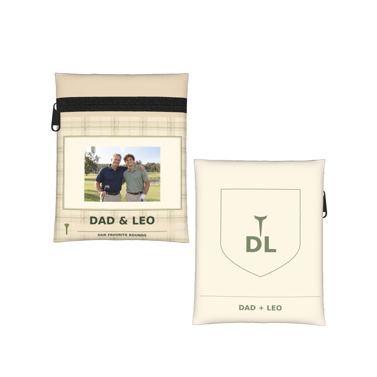 Dad & Me Keepsake Personalized Golf Pouch — White, personalized example — front and back