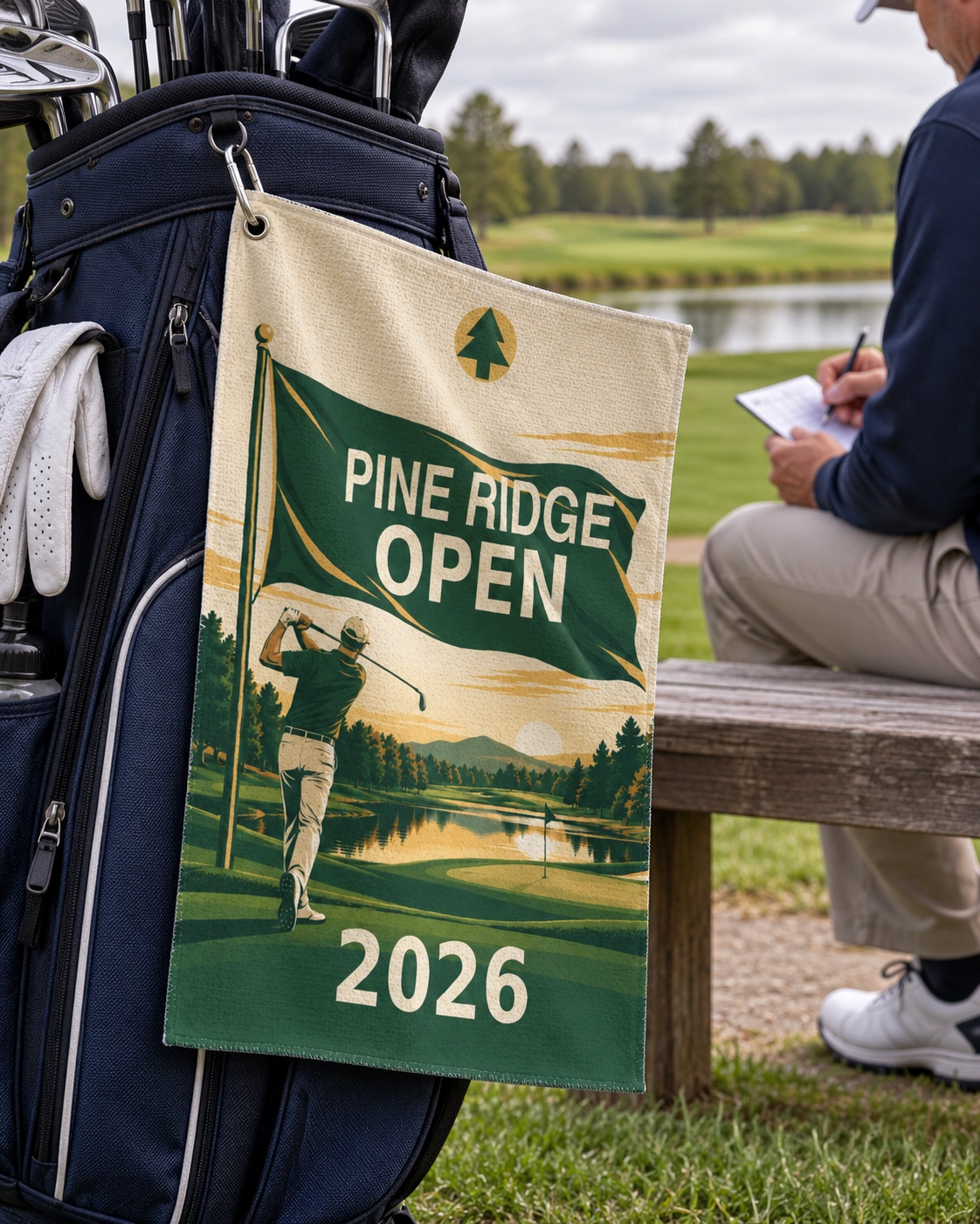 Club Day Open Personalized Golf Towel — White shown, in everyday golf use