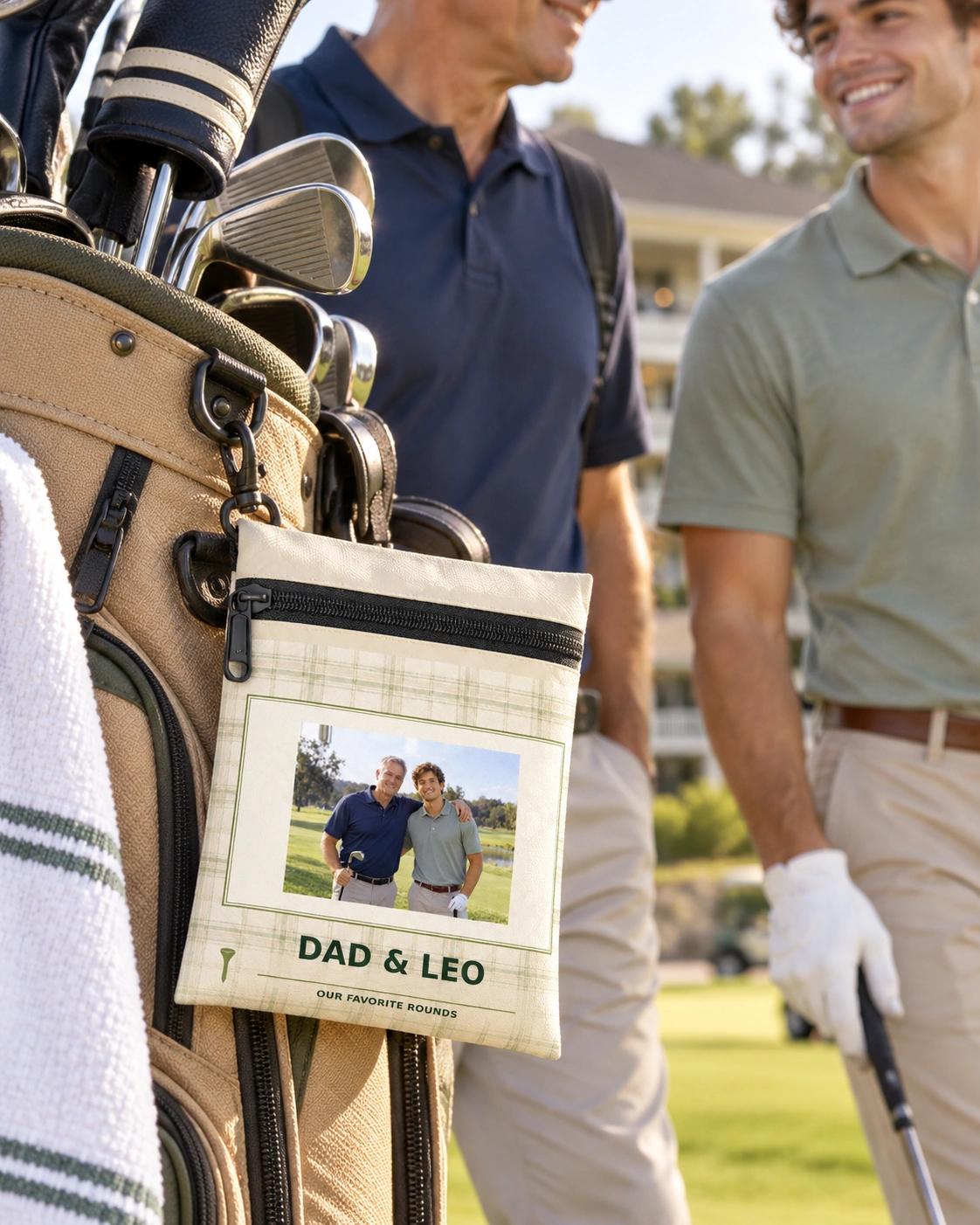 Dad & Me Keepsake Personalized Golf Pouch — White shown, in everyday golf use