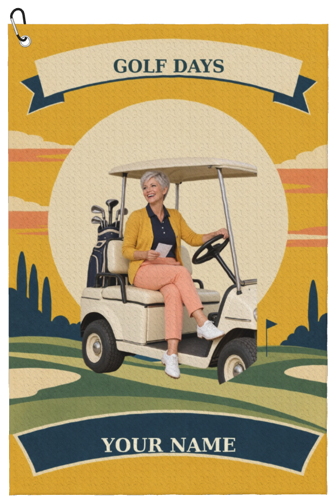 Golden Golf Days Custom Golf Towel — finished personalized example