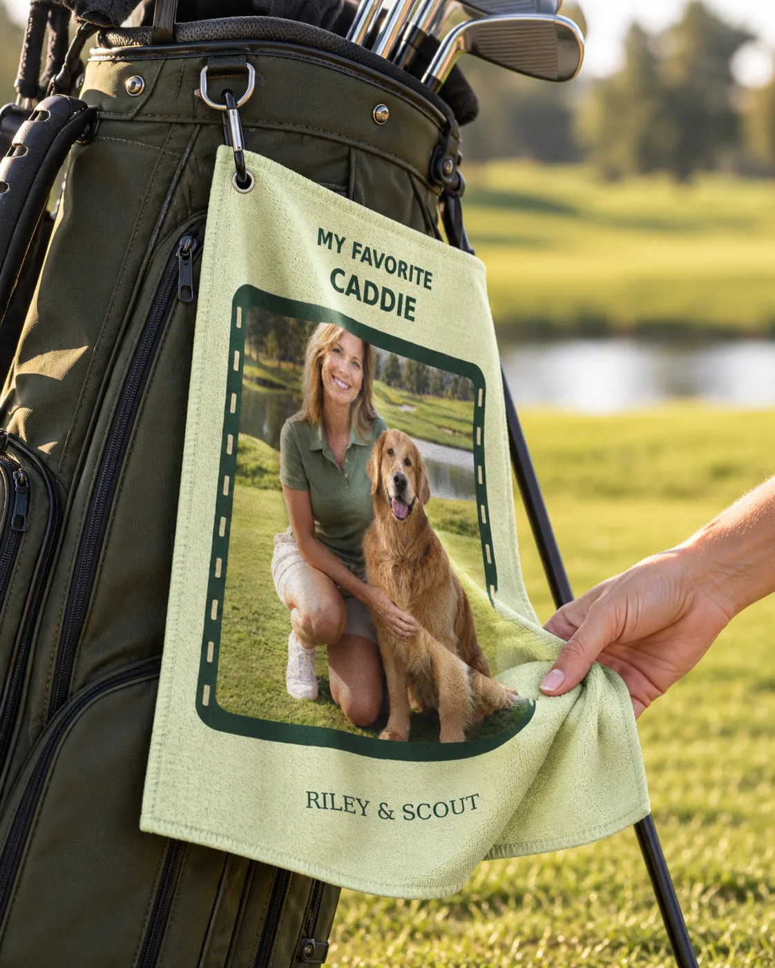 My Favorite Caddie Custom Golf Towel being taken from a golf bag — lifestyle illustration