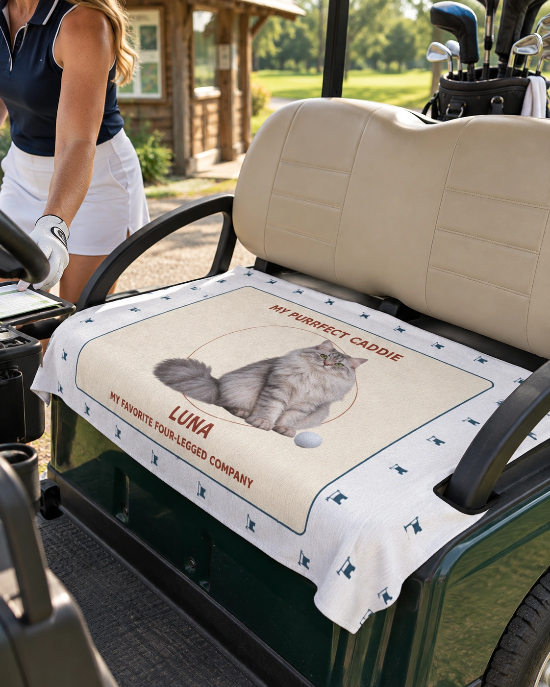My Purrfect Caddie Personalized Golf Cart Seat Cover — White shown, fitted on a two-seat golf cart