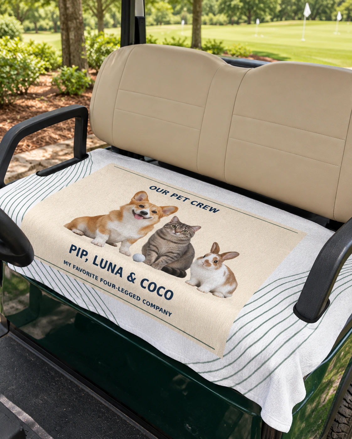 Our Pet Crew Personalized Golf Cart Seat Cover — White shown, fitted on a two-seat golf cart