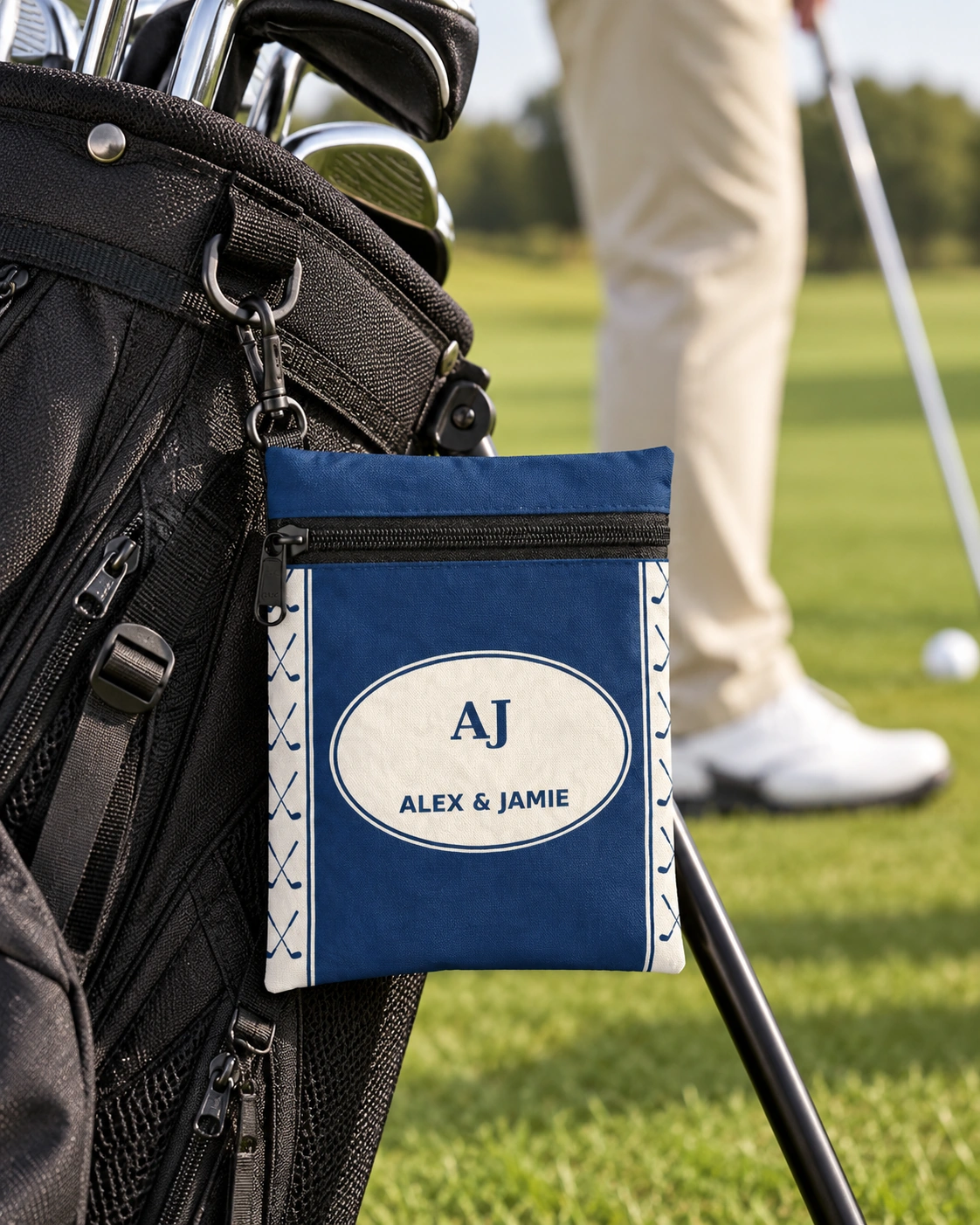 Partners at the Club Personalized Golf Pouch — White shown, in everyday golf use