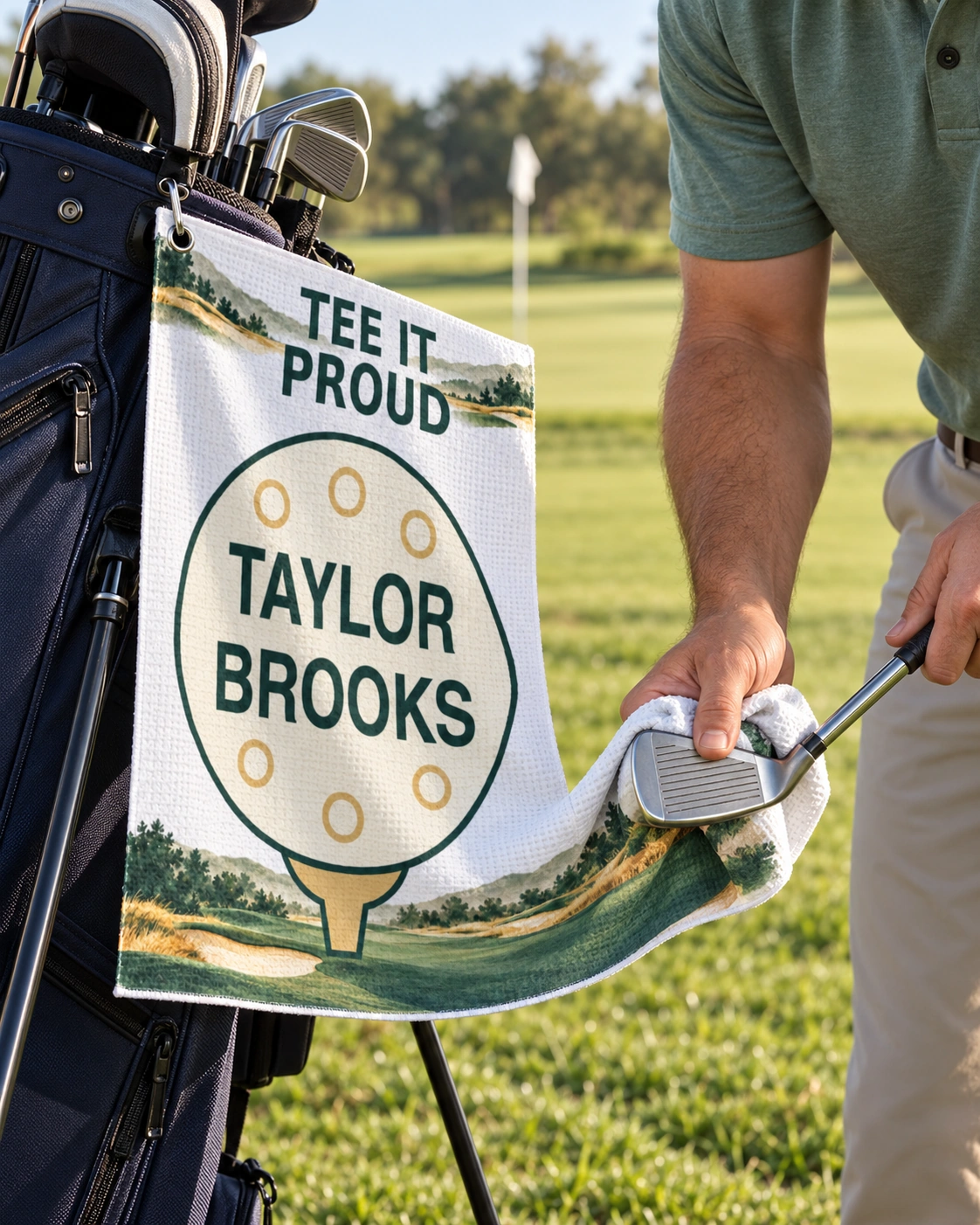 Tee It Proud Personalized Golf Towel — White shown, in everyday golf use