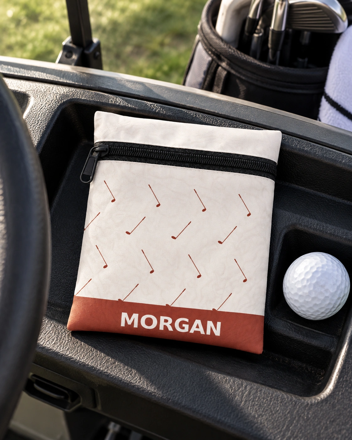 Terracotta Club Personalized Golf Pouch — White shown, in everyday golf use