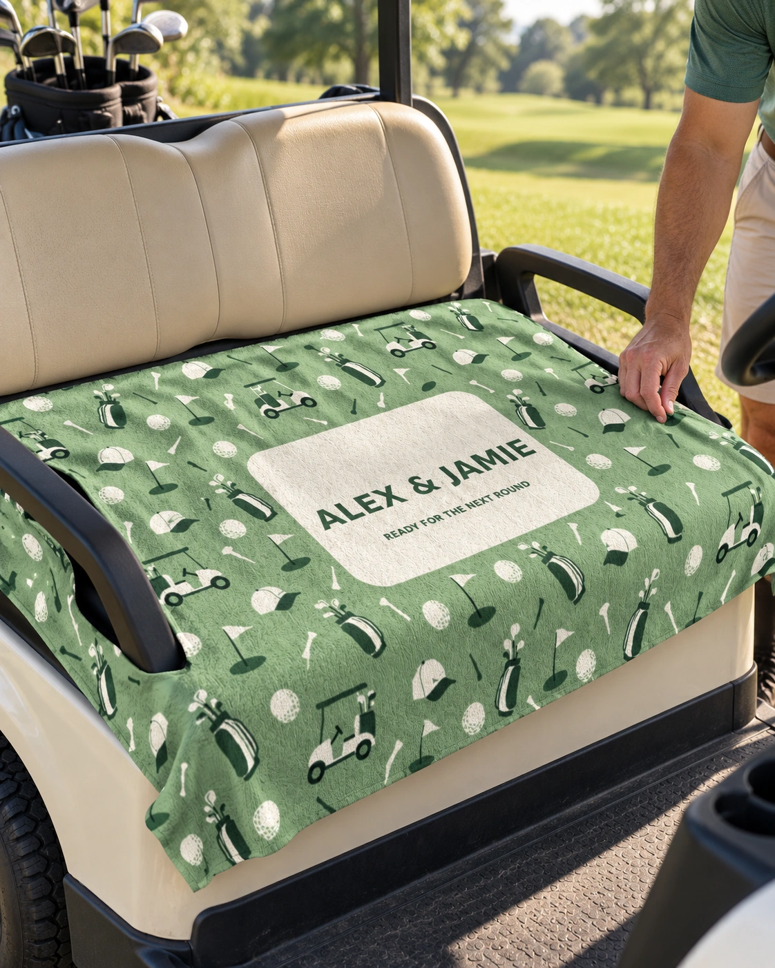 The Next Round Personalized Golf Cart Seat Cover — White shown, fitted on a two-seat golf cart
